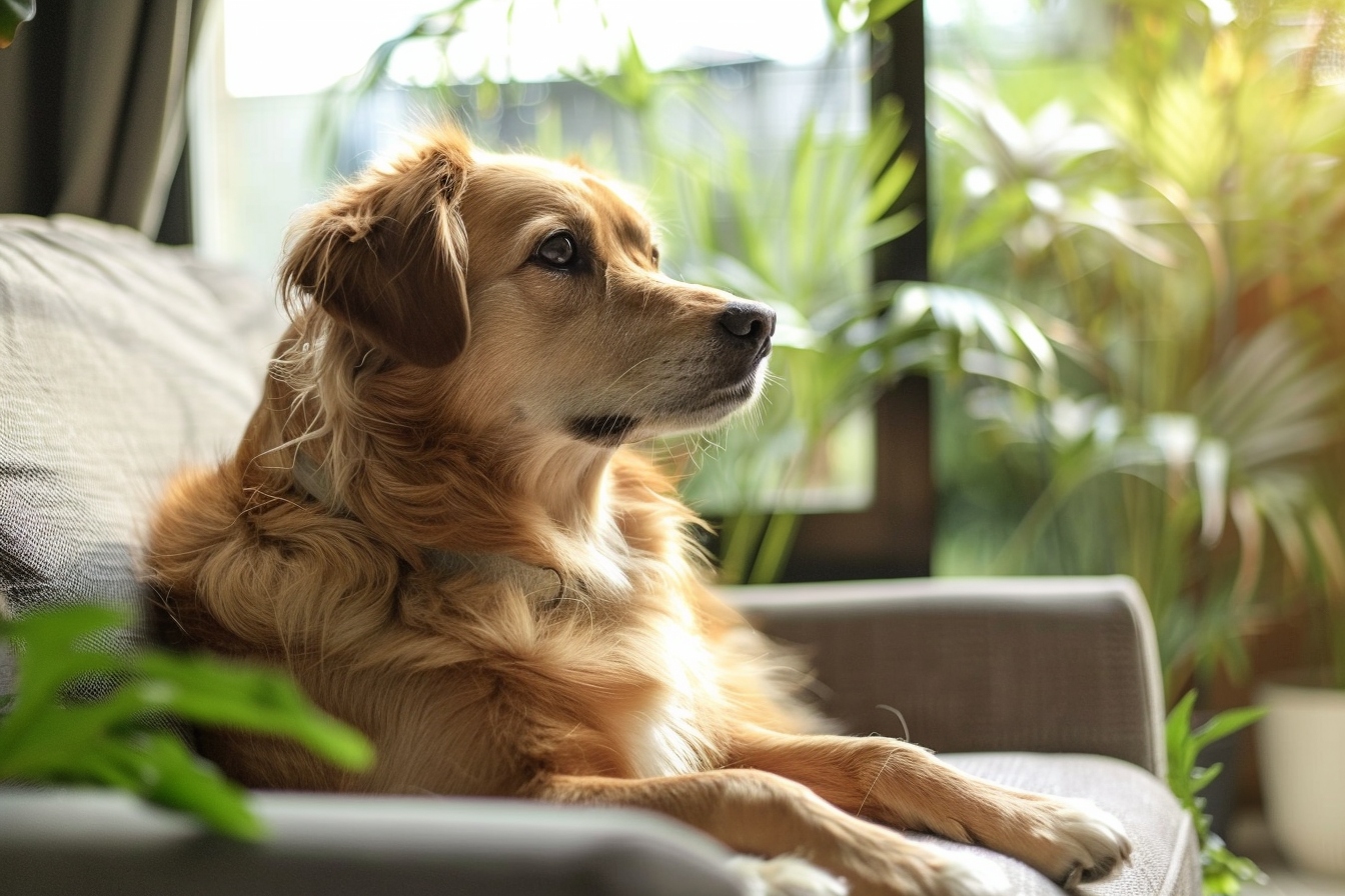 Vieux chien heureux explorant son nouveau foyer à Fort de France après un déménagement réussi